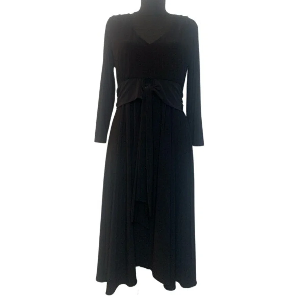 Chico's Black Stretch Dress V-Neck Peplum Tie-At-Waist 3/4 Sleeve Sz Medium (1)‎ - Picture 7 of 13